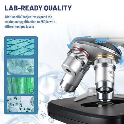 Lab Compound Trinocular Microscopes 40X-2500X Magnification with10 inch LCD,6MP Electronic Eyepiece, 0.5X CTV High Definition Adapter,Two-Layer Mechanical Stage,10X 25X Eyepiece