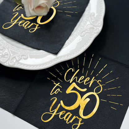 WRAPAHOLIC 50Pcs 50th Birthday Napkins - 3-Ply Disposable Paper Cocktail Napkin, Black and Gold Foil Cheers to 50 Years - 5 x 5 In