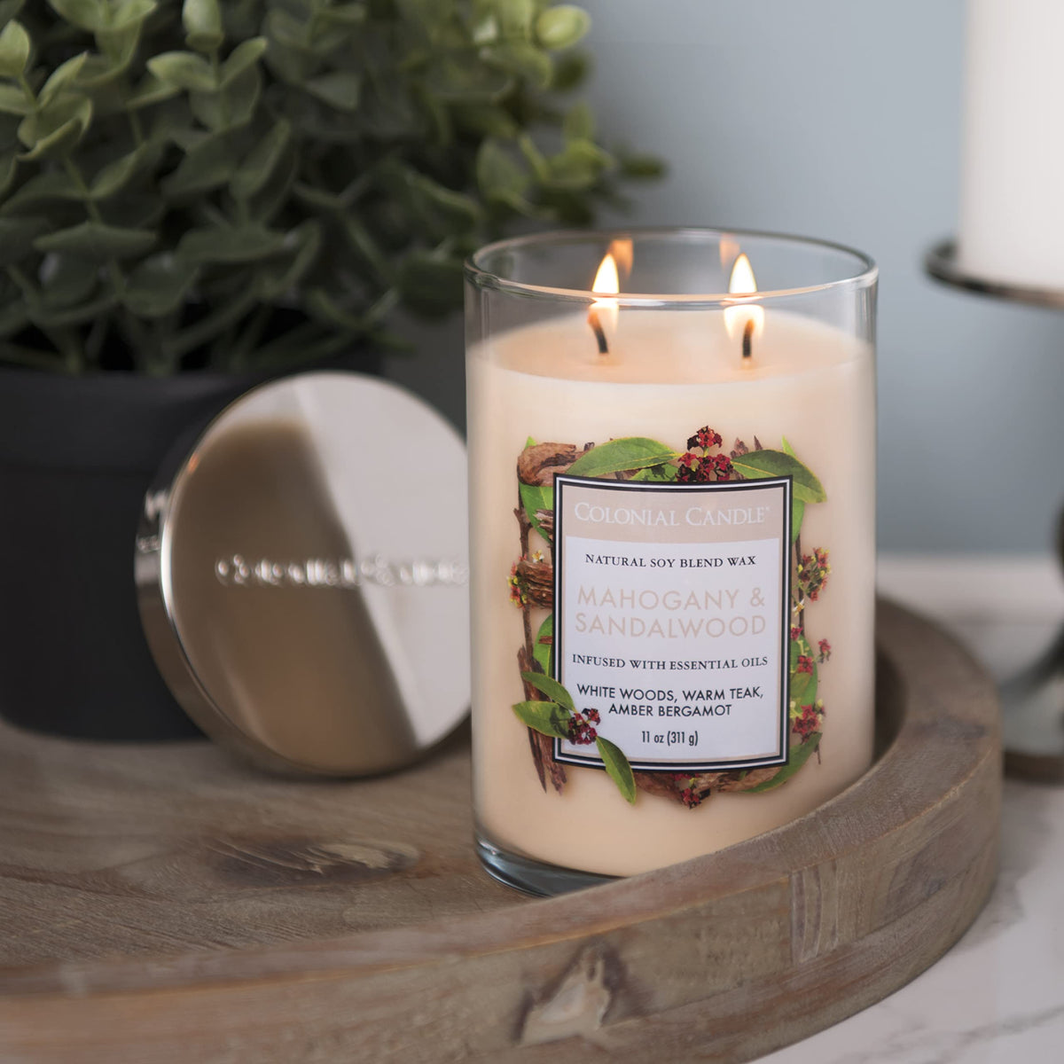 Colonial Candle Mahogany & Sandalwood Scented Jar Candle, Classic Cylinders Collection, 2 Wick, Brown, 11 oz - Up to 80 Hours Burn