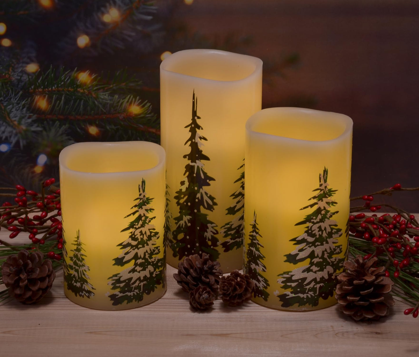 Mark Feldstein & Associates Snowy Winter Pine Forest Wax Flameless Holiday Pillar Candles, Set of 3, 6 Inch