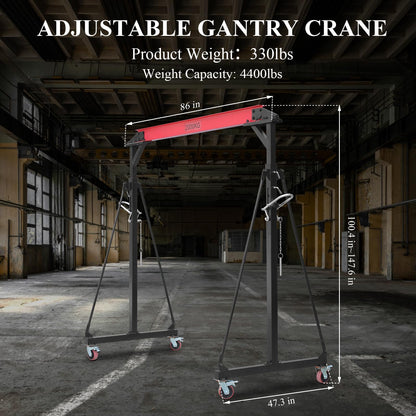 1 Ton Heavy-Duty Adjustable Gantry Crane, 2200 Lbs Capacity, 8.5Ft Span, 7.5Ft-12Ft Adjustable Height, Steel Hoist with Locking Wheels for Warehouse Workshop Garage