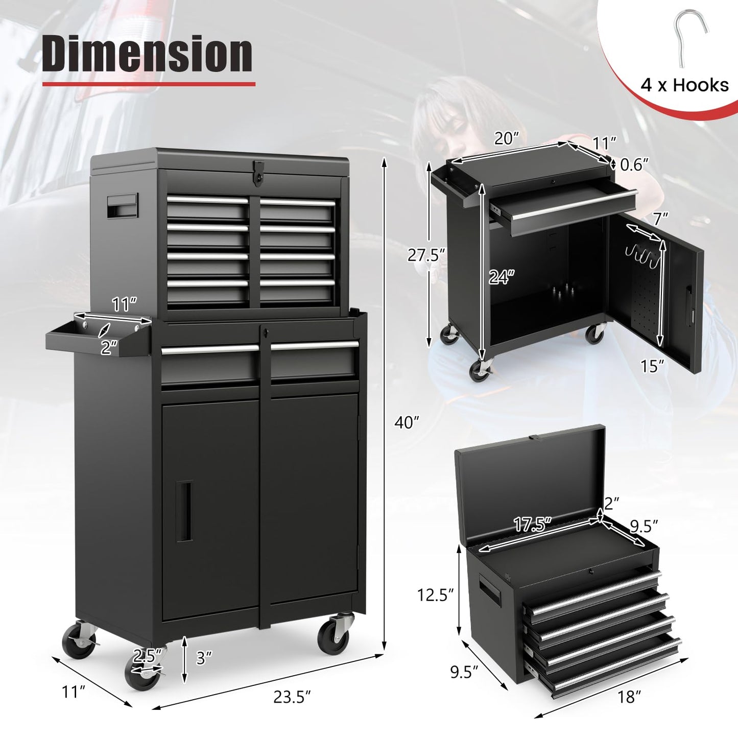 Goplus Tool Chest, 5 Drawers Rolling Tool Cabinet with Detachable Top Toolbox, Universal Lockable Wheels, Lock Bar, Protective Liner & Tool Rack, Metal Tool Storage Cart, Tool Box for Garage Workshop