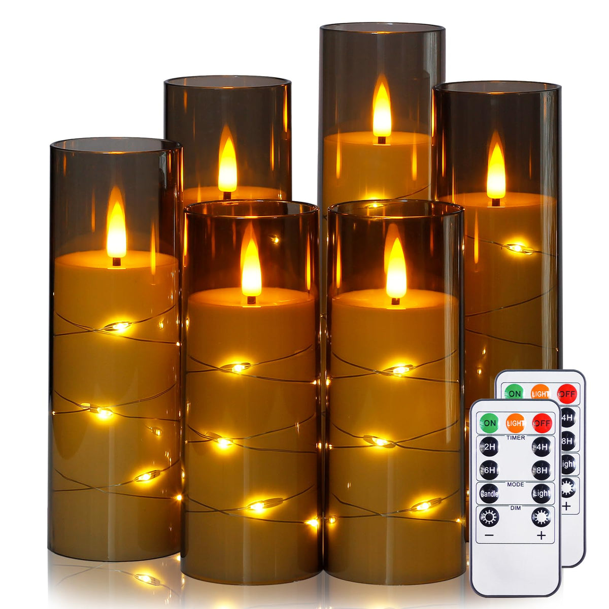 Yeelida Grey Flameless Candles with Remote and String Light, 2.2"x 5",5",6",7",7",8" LED Battery Operated Plastic Flickering Timer Pillar(Pack of 6,Turn On/Off String Light Mode)