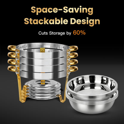 PTASYGK Chafing Dishes for Buffet - 4 Pack 5QT Gold Stainless Steel Round Food Warmer with Stainless Steel Lid, Lid Holder & Stackable Design for Home Parties & Small Catering