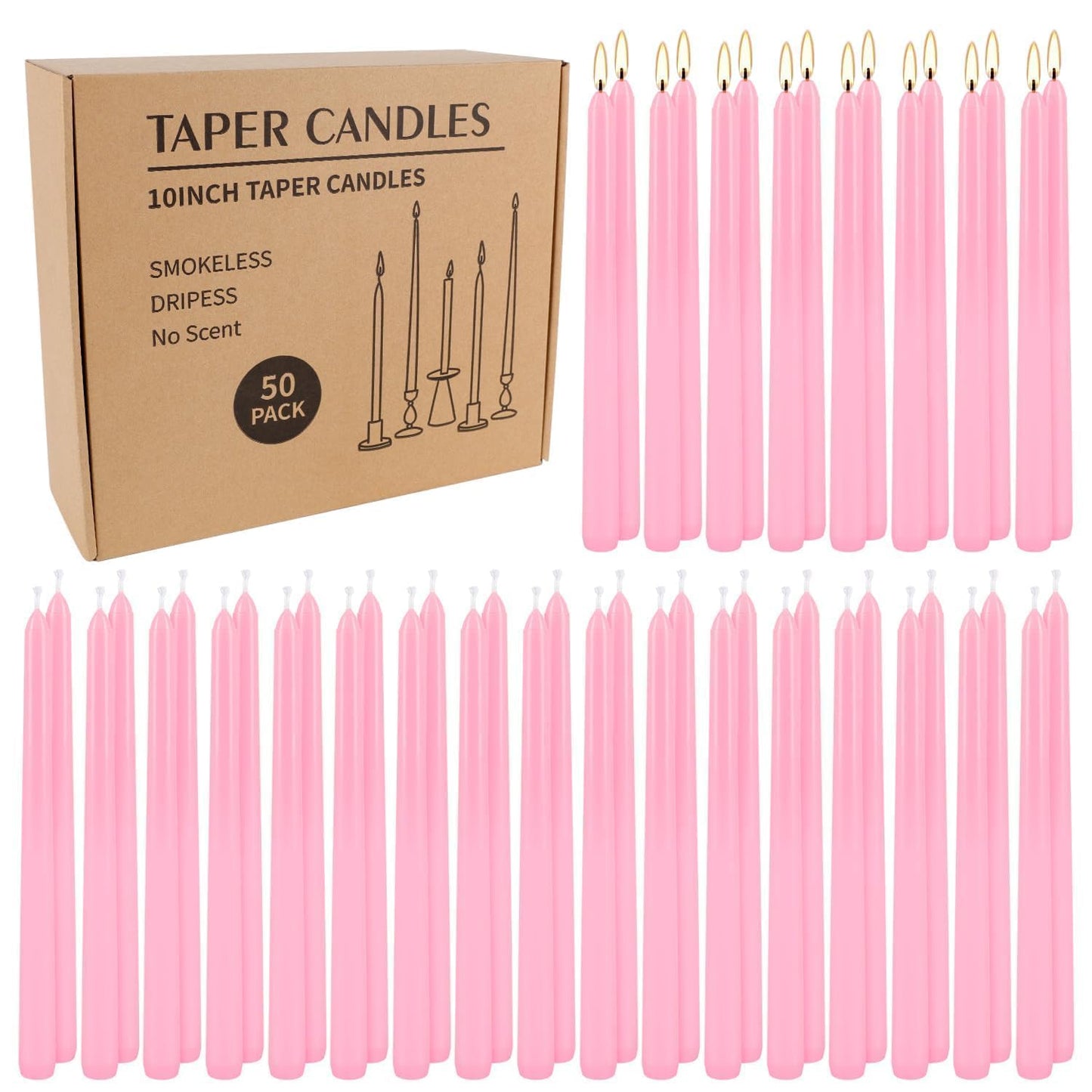 50-Pack Pink 10-Inch Taper Candles: Unscented Dripless Candlesticks with 8-Hour Burn Time - Elegant Dinner Candles for Valentine's Day, Romantic Dinners, Wedding Centerpieces, & Special Event Decor