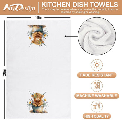 AnyDesign Highland Cow Kitchen Dish Towel 18 x 28 Inch Rustic Farmhouse Dishcloth Seasonal Cute Cow Decorative Hand Tea Towel for Kitchen Home Cooking Baking Cleaning, 2 Pcs