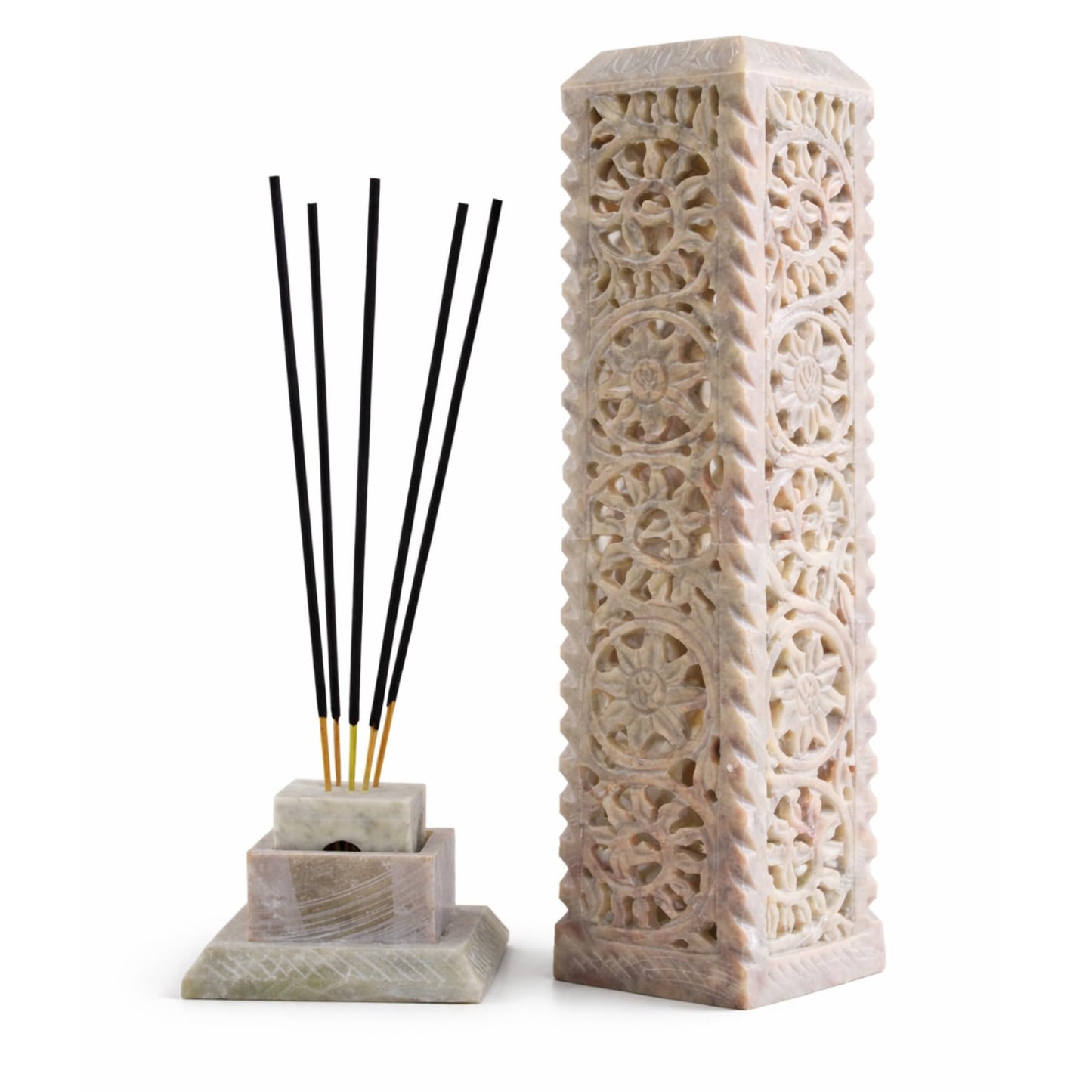 Carry Me Handmade Marble Soapstone Incense Stick Burner | Candle Stick Holder | Tea Light Stand - Floral Carving for Gifting. Decorative Incense Tower for Home and Office Decor. (3x3x11 Inches)