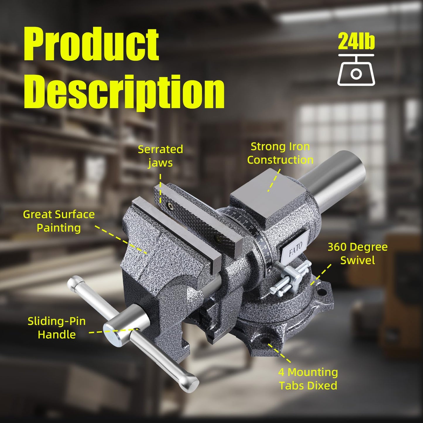 FATO 5 Inch Bench Vise Heavy Duty – Ductile Iron Workbench Vise with 360° Swivel Base & Anvil, 8800 Lbs Clamping Force, 4.92" Jaw Width, 3.94" Opening, for Woodworking, Metalworking, Garage DIY, Black