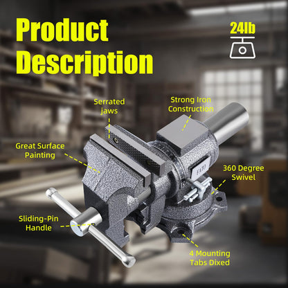 FATO 5 Inch Bench Vise Heavy Duty – Ductile Iron Workbench Vise with 360° Swivel Base & Anvil, 8800 Lbs Clamping Force, 4.92" Jaw Width, 3.94" Opening, for Woodworking, Metalworking, Garage DIY, Black