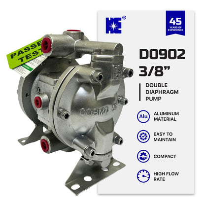 COSMOSTAR D0902 3/8" Double Air Diaphragm Pump, Aluminum Body, Teflon Ball, seat and Diaphragm, Pump Muffler, Pump, Chemical Pump, Waste Oil Pump, Pneumatic Oil Pump, Diaphragm Pumps