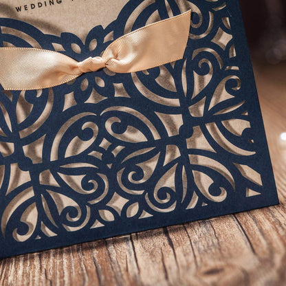 WISHMADE Jofanza 5.9x5.9 Inch 50PCS Navy Blue Laser Cut Wedding Invitation Cards with Bowknot and Envelopes Kraft Paper Blank invitation for Wedding Engagement Party Invite