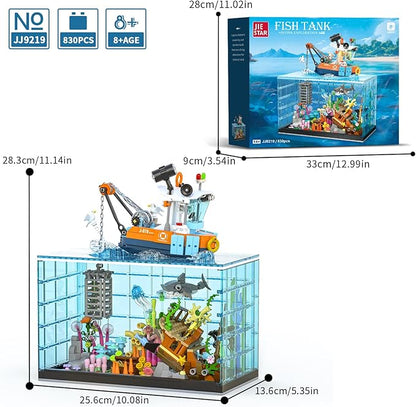Fish Tank Building Blocks Set Aquarium Building Set with LED Lights Including Ocean Shark Jellyfish Fishing Boat STEM Gift for Kids Boys Girls Age 8-12+ and Adults(830PCS)