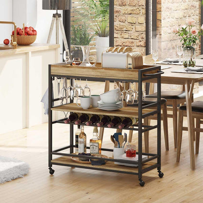 BON AUGURE Bar Cart for The Home, Bar Serving Carts on Wheels with Industrial Ladder Shelf Bookcase, 4 Tier Rustic Ladder Bookshelf, Standing Leaning Book Shelves for Living Room (Vintage Oak)