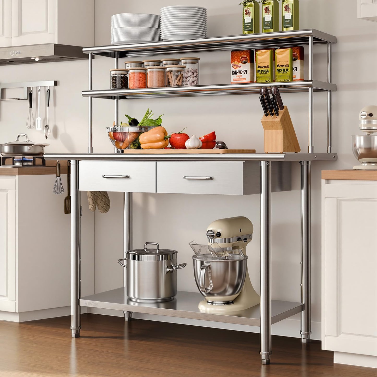 VEVOR Stainless Steel Work Table, 24x48 Inch Food Prep Table with Overshelves and 2 Drawers, Commercial Kitchen Workstation with Adjustable Undershelf, Metal Utility Worktable, for Restaurant Garage