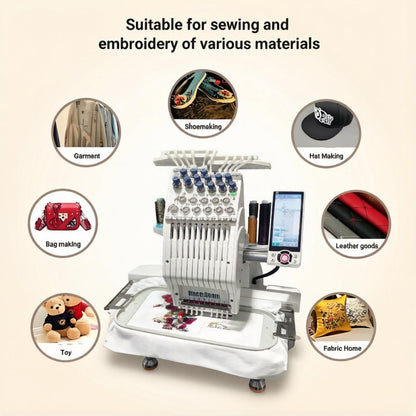 Compact Embroidery Machine with 9 Needles, 1200SPM Max Speed, 10“ Touch Screen, 8"x12" Embroidery Area, For Flat, Hat, T-shirt etc.