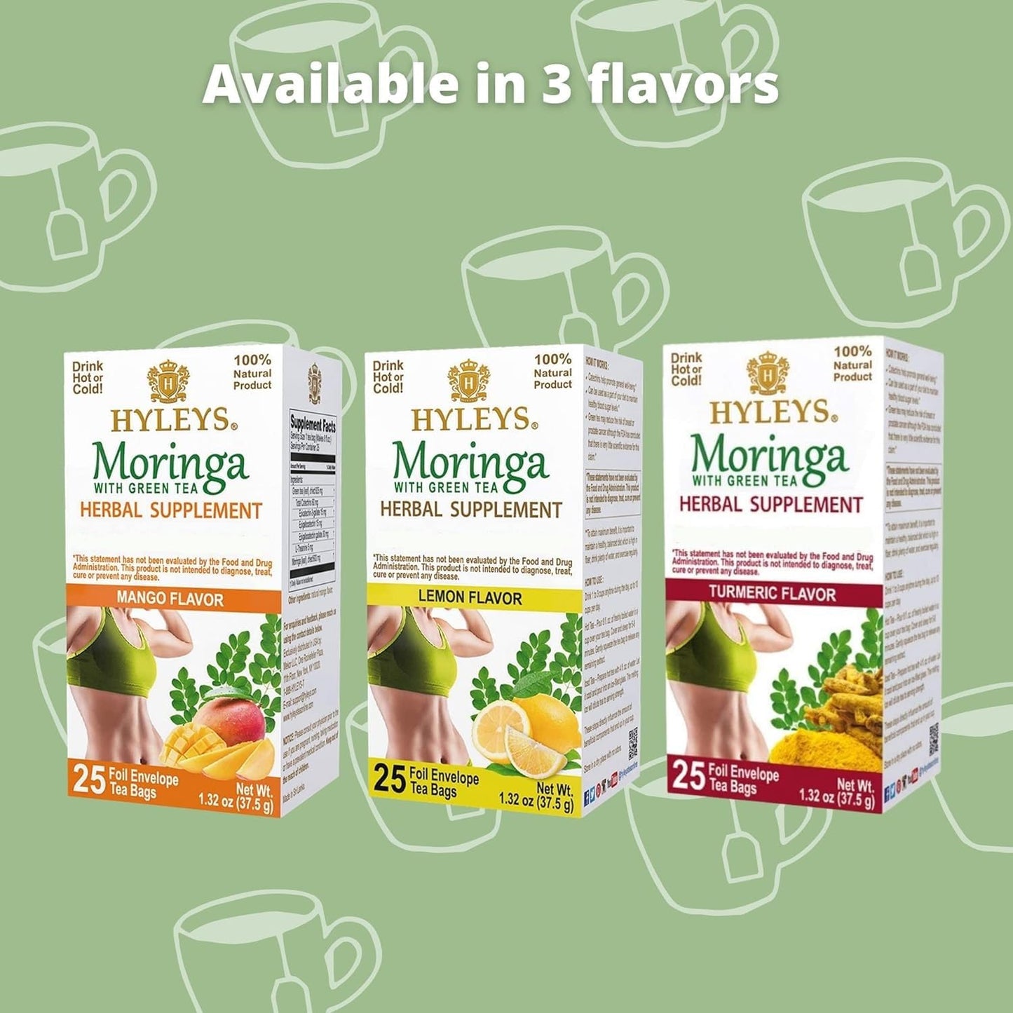 HYLEYS Moringa and Mango Green Tea, 50 Individually Wrapped Tea Bags - Dried Moringa Oleifera Leaves - No Artificial Flavors or Preservatives, Natural - Kosher & Vegan