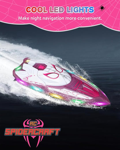 Spider Hero RC Boat 2.4GHz Remote Control Boat with LED Lights for Kids Pool Toy with 2 Rechargeable Batteries Spray Function and Low Battery Alarm for Boys &amp Girls (Spider Girl)
