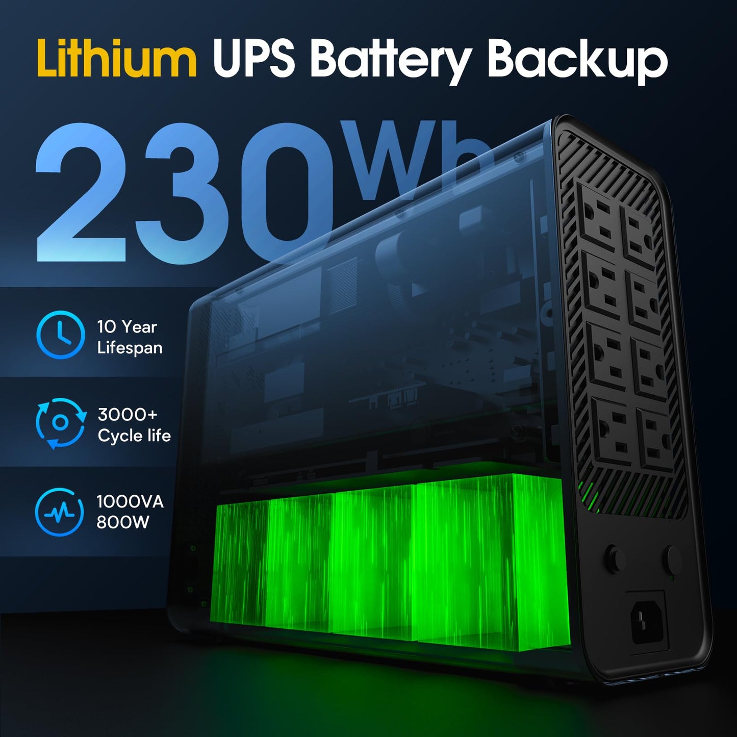 GOLDENMATE 1000VA/800W Lithium UPS Battery Backup and Surge Protector, Sinewave UPS System with LiFePO4 Battery(230Wh), Updated Pro Ver. with USB Communication Port, 8 Outlets, LCD Display, White