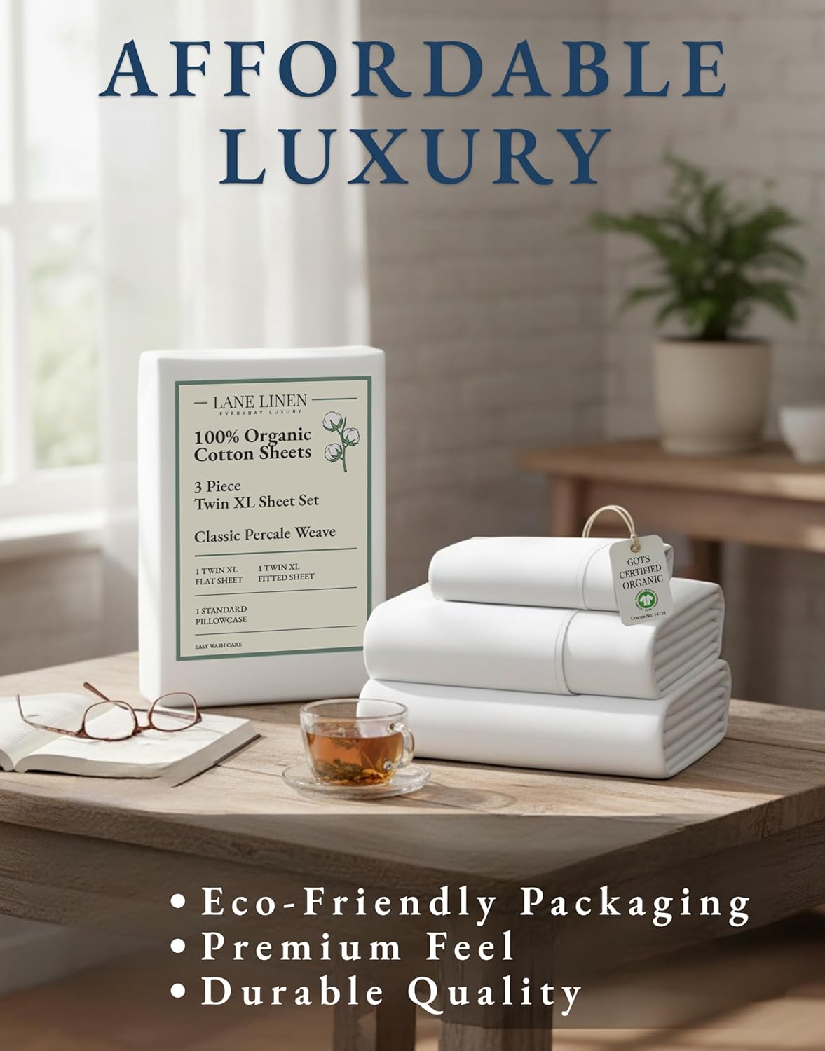 LANE LINEN 100% Organic Cotton Twin XL Sheets Set - Soft, Breathable 3-Piece White Percale Bedding