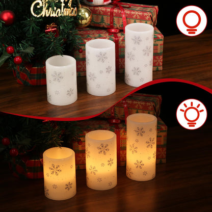 Lasumora Snowflake Christmas Candles with 6H Timer, Battery Operated Candles, Real Wax Flameless LED Candle Pillar for Home Décor Christmas Decorations Gifts, 3x4/5/6 inches