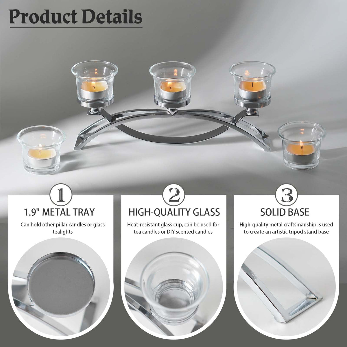 3-Arm Metal Tea Light Candle Holder Set with 5 Glass Cups, Votive Candle Holders Centerpiece Candelabra for Wedding Table Decor, Home Gatherings and Holidays (Silver, 5 Cups)