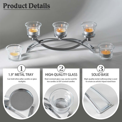 3-Arm Metal Tea Light Candle Holder Set with 5 Glass Cups, Votive Candle Holders Centerpiece Candelabra for Wedding Table Decor, Home Gatherings and Holidays (Silver, 5 Cups)