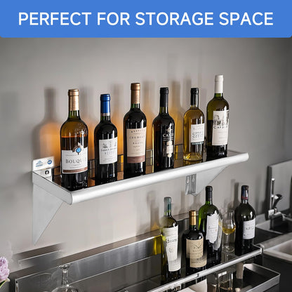 ROCKPOINT Stainless Steel Shelf 12 x 60 Inches 400lb, 2 Pack NSF Commercial Wall Mount Floating Shelving with Backsplash for Restaurant, Kitchen, Home and Hotel, Silver