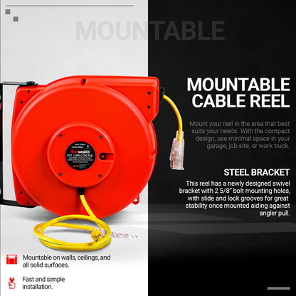 ReelWorks Extension Cord Reel Retractable Longest Industrial 12awg x 80' Foot Commercial Premium Grade & Leaf Mulcher Shredder Electric Green and Waste Management Heavy Duty [Bundle Deal]