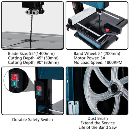 8-Inch Bandsaw, 3-Amp Band Saw, 1800FPM Benchtop Bandsaw with Removable Safty Key, 0-45 Tilting Range, Saw For Cutting Wood with Fence and Miter Gauge, Band Saws for Woodworking