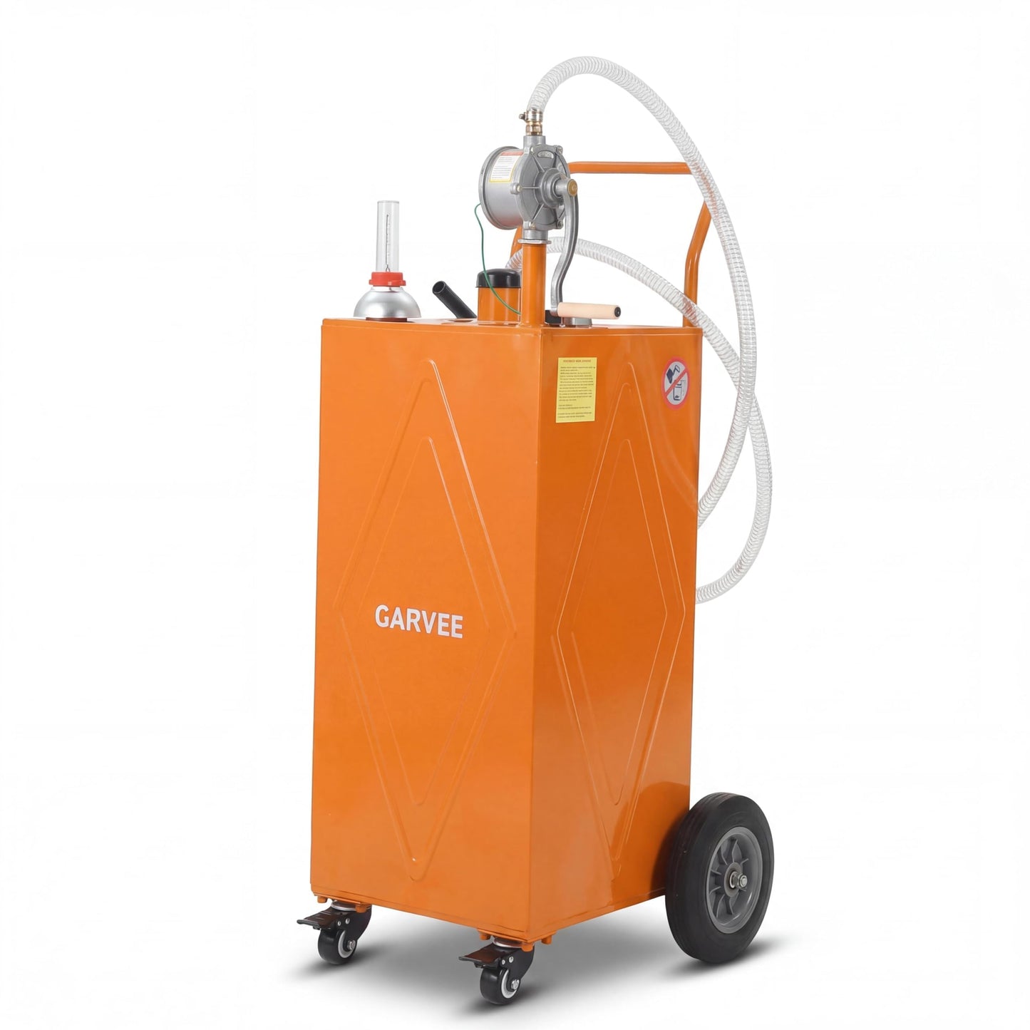 Patikuin 30 Gallon Heavy-Duty Steel Fuel Caddy with Manual Rotary Pump – Portable Gasoline & Fuel Transfer Tank – Reinforced 4-Wheel Design for Trucks, Boats, ATVs, Lawn Mowers, Farm Equipment – Reinforced 4-wheel design - Orange