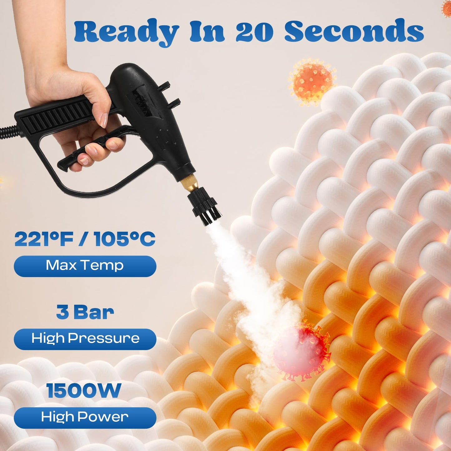 Moongiantgo High Pressure Steam Cleaner 1500W Handheld Steamer for Cleaning, Portable Tankless Pressurized Cleaning Machine for Car Detailing Grout Tile, Commercial Home Kitchen Bathroom (Black)