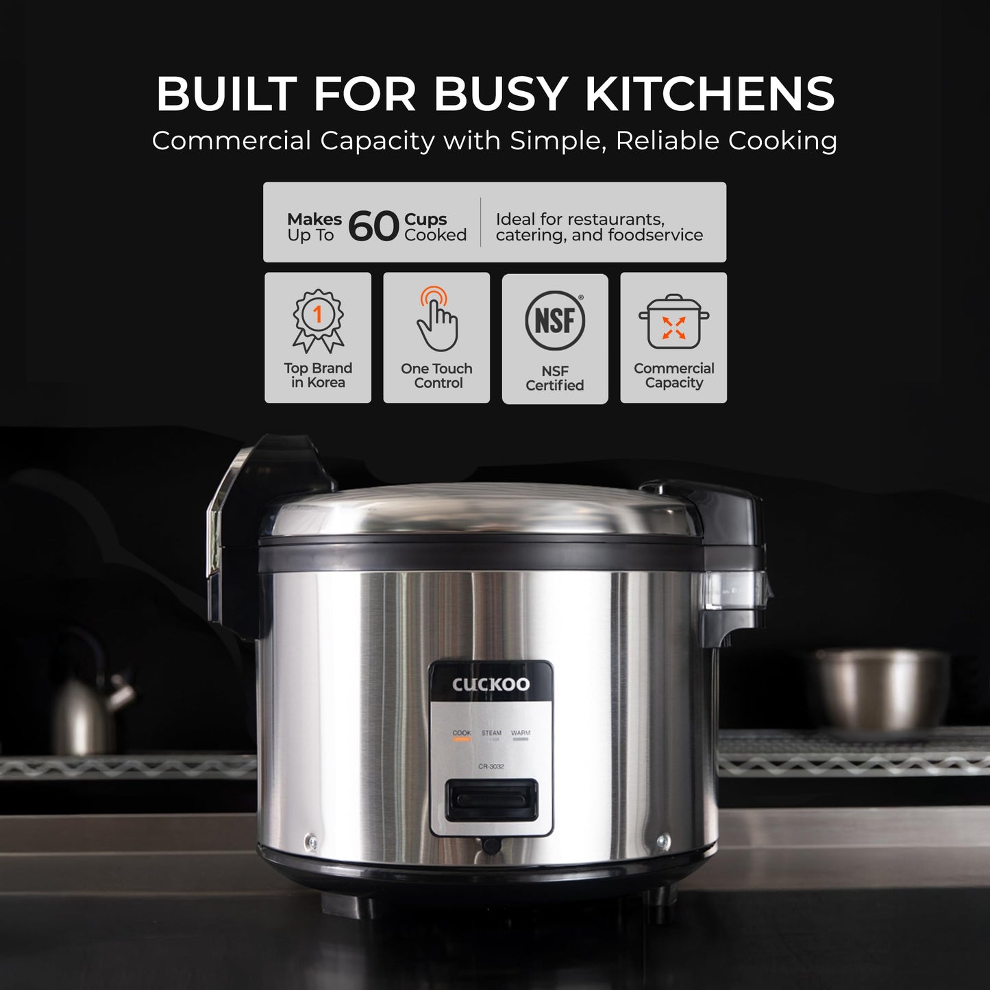 CUCKOO Commercial Rice Cooker & Warmer, Extra Large Rice Cooker 30-Cup Uncooked / 60-Cup Cooked, Professional Industrial Grain Cooker with Large Capacity, Easy One-Touch Operation, Silver (CR-3032)