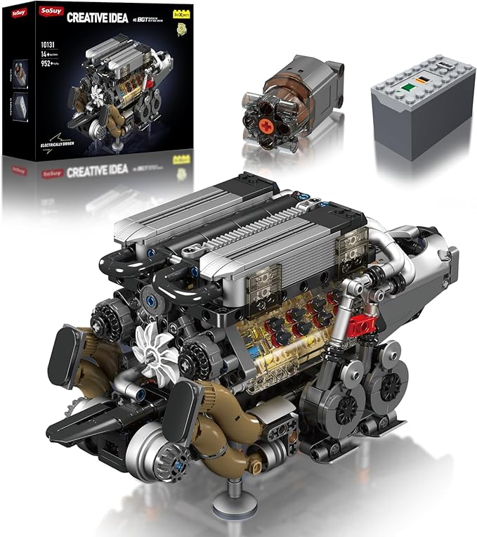 Sosuy W16 Motorized Model Engine Kit for Adult Men Teen Electric Drive Ultra-Realistic Working Replica Home Set for Collection Fans STEM Building Block Toy for Boy Birthday Gift for 8+ Kid 952Pcs