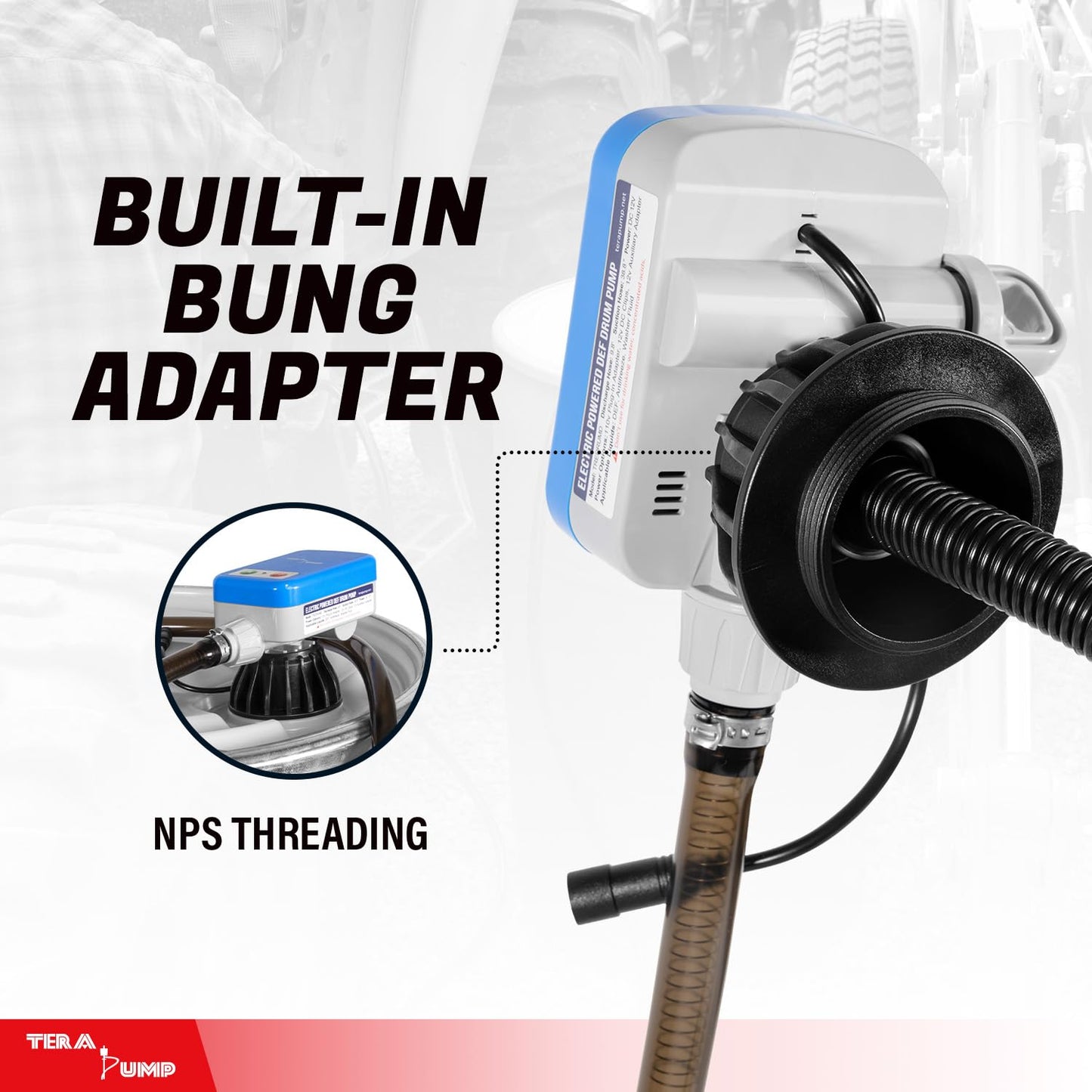TERA PUMP - Large Automatic Electric Powered DEF Drum Pump with Flow Control Handle Nozzle for DEF, Antifreeze, Washer Fluid - 2.4 GPM Transfer Rate w/ 9.8ft Vinyl Hose and Screw On Bung Adapter