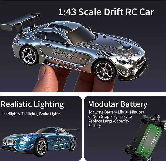 LDRC LD4301 1:43 Scale RC Drift Mini Car 2.4G Remote Control Car with Alloy Shell Built-in Gyroscope Mini Desktop Racing Vehicle for Indoor/Outdoor Play (Ice Blue)