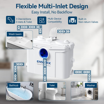 Ensurix 1200W Macerator Pump – 2800GPH, 28FT Vertical Lift Toilet Water Pump with Anti-Backflow, PCB Smart Control, IPX4 Waterproof, Macerator Pump Basement for Toilet, Sink, Bathroom etc.