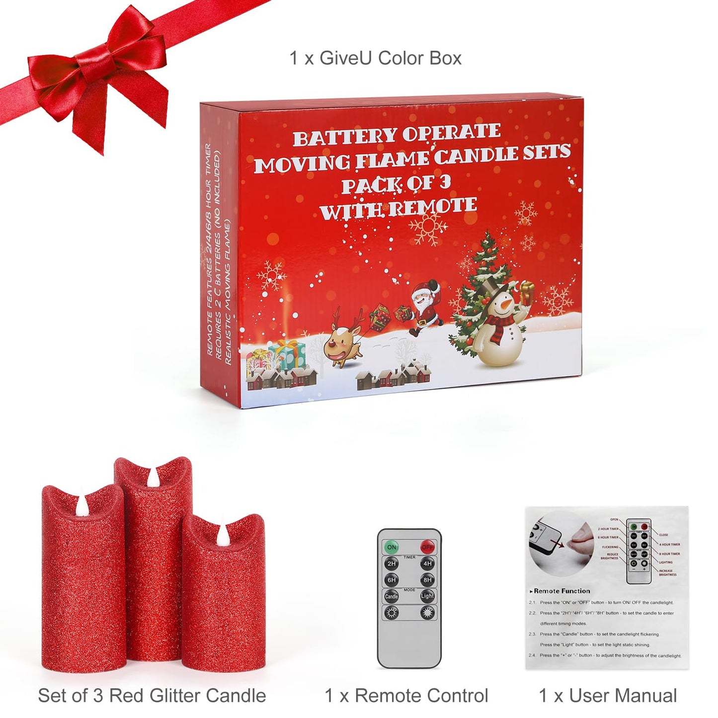 GiveU Pack of 3 Red Glitter Candle 3D Moving Flame LED Candles,10-Key Remote, Battery Powered Flameless Candle with Timer, Home Decor Bedroom, Hallway, Wedding Events