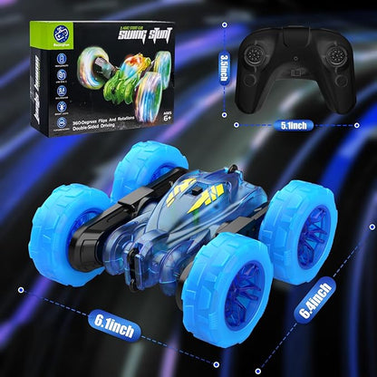 Remote Control CarStunt RC Cars For Kids with Colorful LightFast USB-C ChargingDouble-Sided 360° Rotating Rechargeable 4WD RC Truck Car Toys for Ages 5-7 Gift for Boys Girls Ages 8-12(Blue)