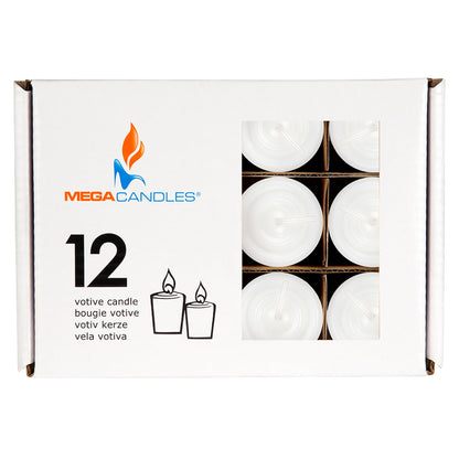 Mega Candles 12 pcs Unscented White Votive Candles, Hand Poured Wax Candle 10 Hours 1.38 Inch x 1.5 Inch, Home Décor, Wedding Receptions, Centerpieces, Occasions, Events, Festivities, Meditations