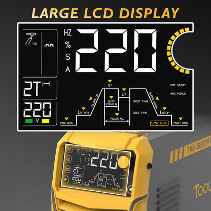 TOOLIOM 220A Cold TIG Welder with DC Pulse, 7 In 1 Cold Spot Lift TIG/Stick Welder with IGBT Inverter, 110&220V Welding Machine with Large Digital Display 2T/4T/4T Repeat Mode TIG Welding Equipment