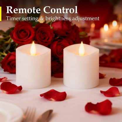 Woocodowe Flickering Flameless Candles Battery Operated with Remote Timer - Realistic 3D Moving Flame Candles, 600+ Hours Long-Lasting White LED Wax Candles for Wedding Home Decor, 3x3 Inch Set of 2