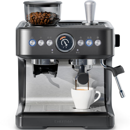 Chefman Crema Deluxe Espresso Machine with Double Boiler, Use Milk Frother and Brew Espresso Simultaneously, Professional Coffee Maker with Coffee Grinder and Steam Wand, 30 Grind Settings
