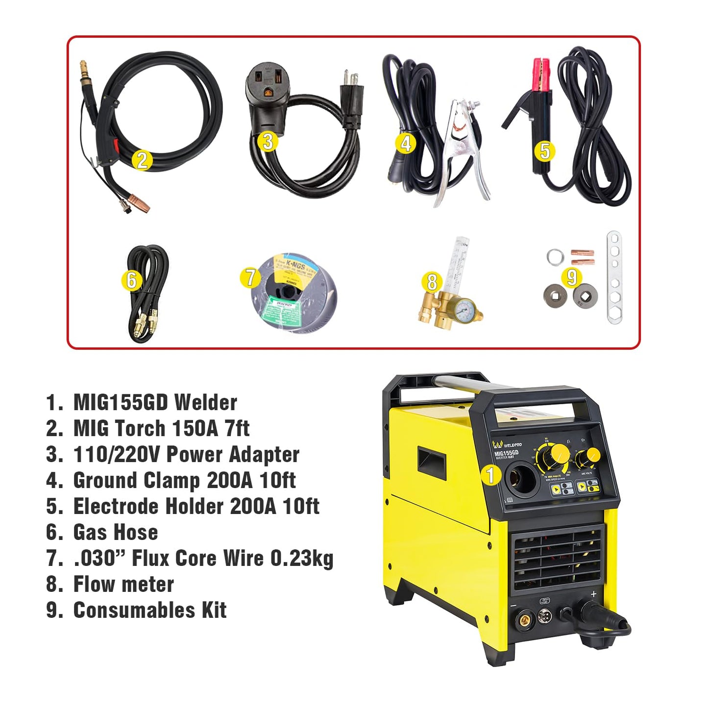 Weldpro 155A MIG Welder, 4 in 1 Welding Machine，Flux Core MIG/Gas MIG/Aluminum Spool Gun/MMA/Stick Welder, 110V/220V Welder Machine with Synergy, IGBT Inverter Portable Welder Equipment for Beginner