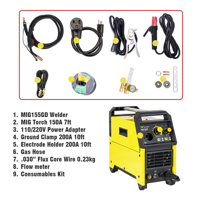 Weldpro 155A MIG Welder, 4 in 1 Welding Machine，Flux Core MIG/Gas MIG/Aluminum Spool Gun/MMA/Stick Welder, 110V/220V Welder Machine with Synergy, IGBT Inverter Portable Welder Equipment for Beginner