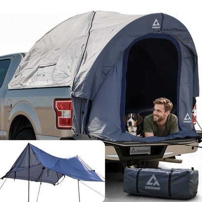 CROSSHIP 2-Person Truck Bed Tent with Awning, PU3000mm Waterproof Canopy with Insect-Prevention Mesh, Durable Anti-Tear Fabric, Easy Setup for Pickup Trucks (Fits 5.5–6ft Beds)