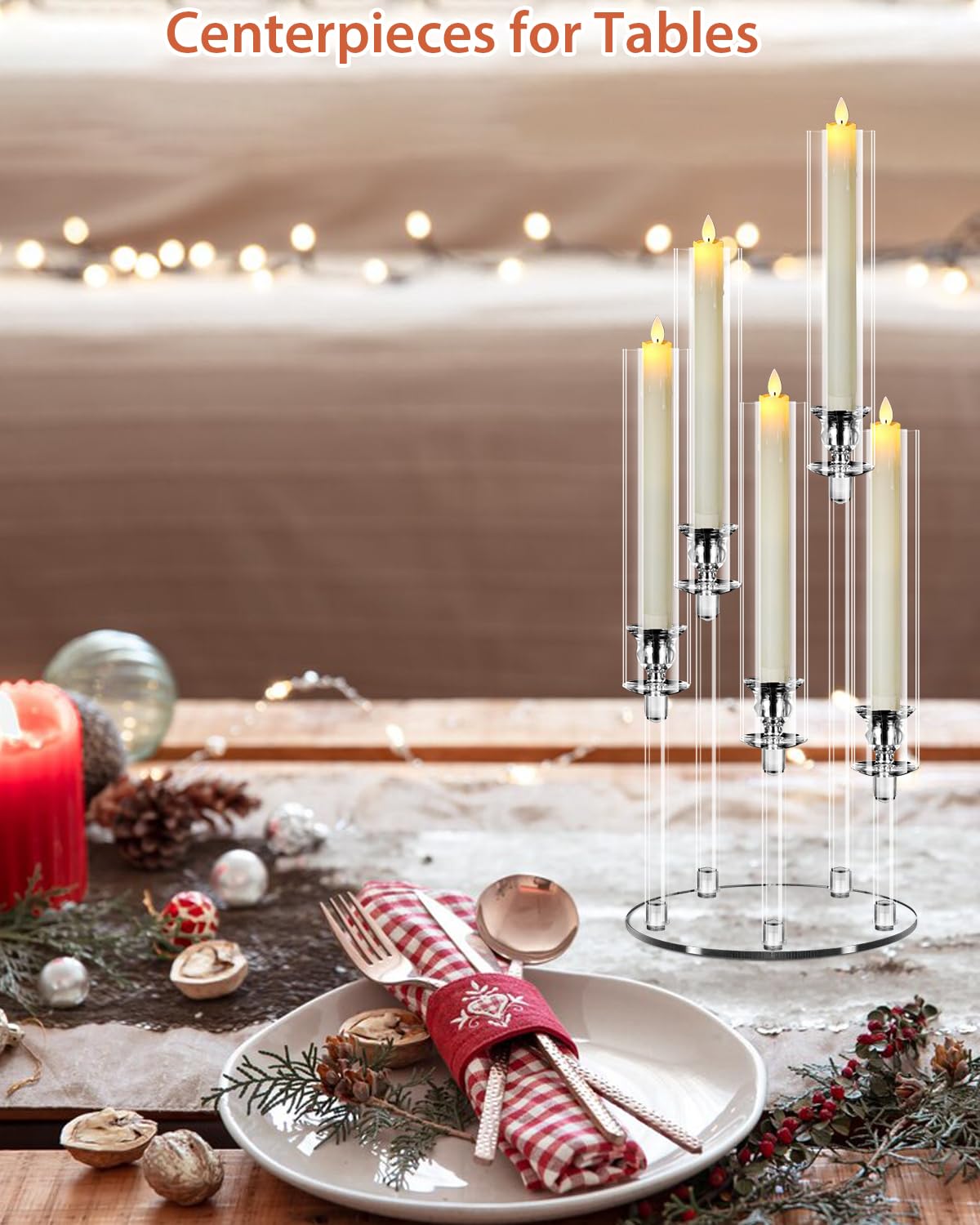 2 Set 5 Arm Acrylic Candle Holder, Mjkeomo 22'' Tall Candelabra Centerpieces for Tables, Candlesticks Holder with Lampshade for Housewarming Gift Fireplace Dinner Decor Fit 0.82'' LED Candle