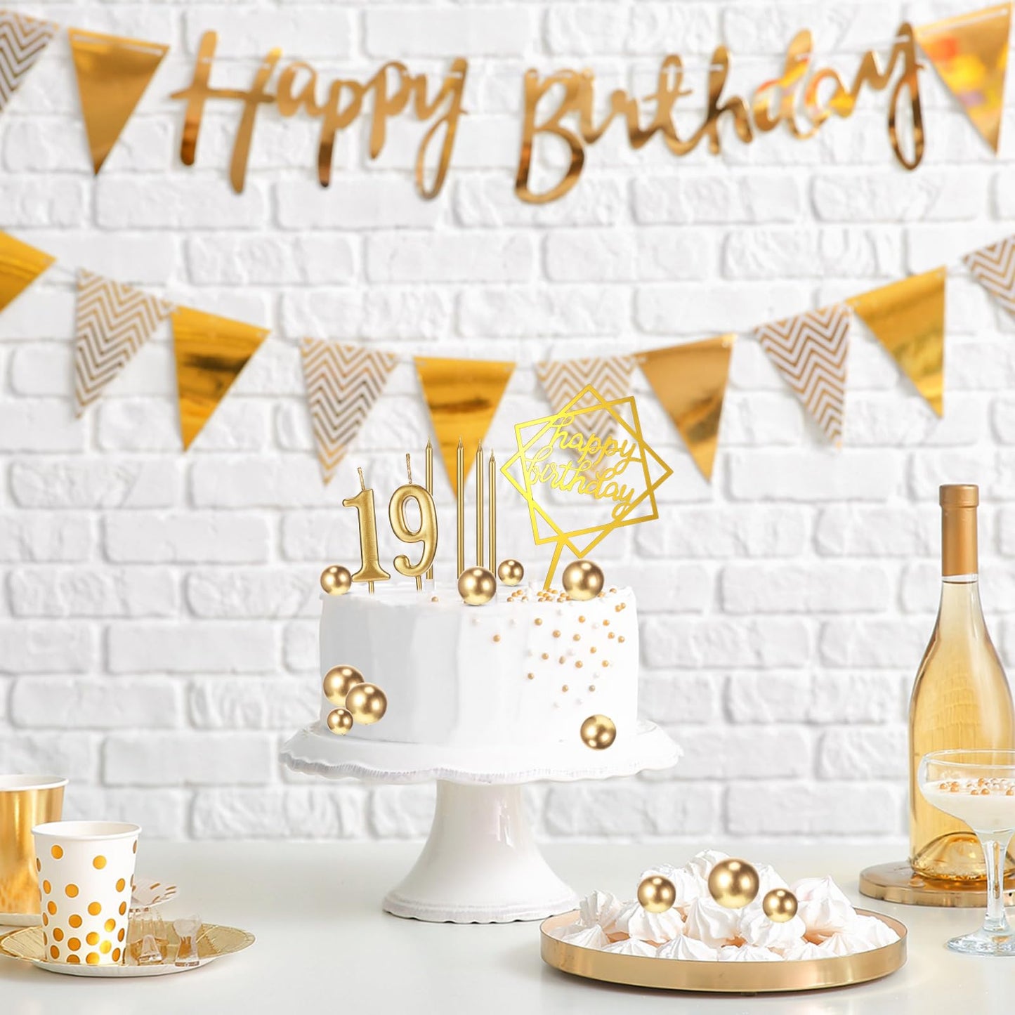Yerliker 34 Pcs Happy Birthday Cake Toppers Decorations Birthday Candles DIY Cake Decor for Men Women Wedding Anniversary(Gold)
