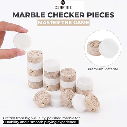 Marble Checkers Set 15 Inches Handmade White and Travertine Checkers Board Game with Checker Pieces - Board Games for Adults Game Table Accessories Gifts &amp Home Décor