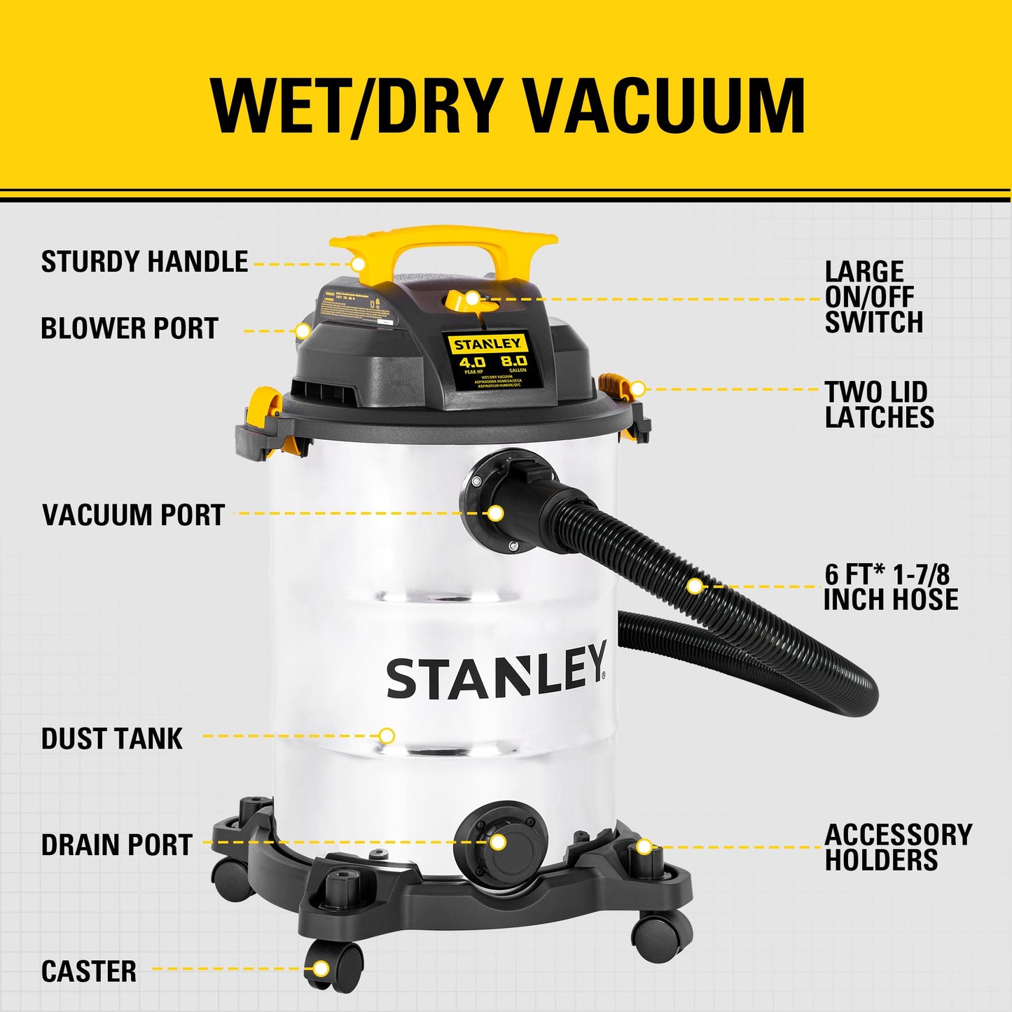 STANLEY 8 Gallon Wet Dry Vacuum, 4 Peak HP Portable Shop Vacuum with Drain Port & Blower, Industrial Wet Dry Vacuum Cleaner, Stainless Steel Tank for Garage, Workshop, Car Detailing, Jobsite, SL18117