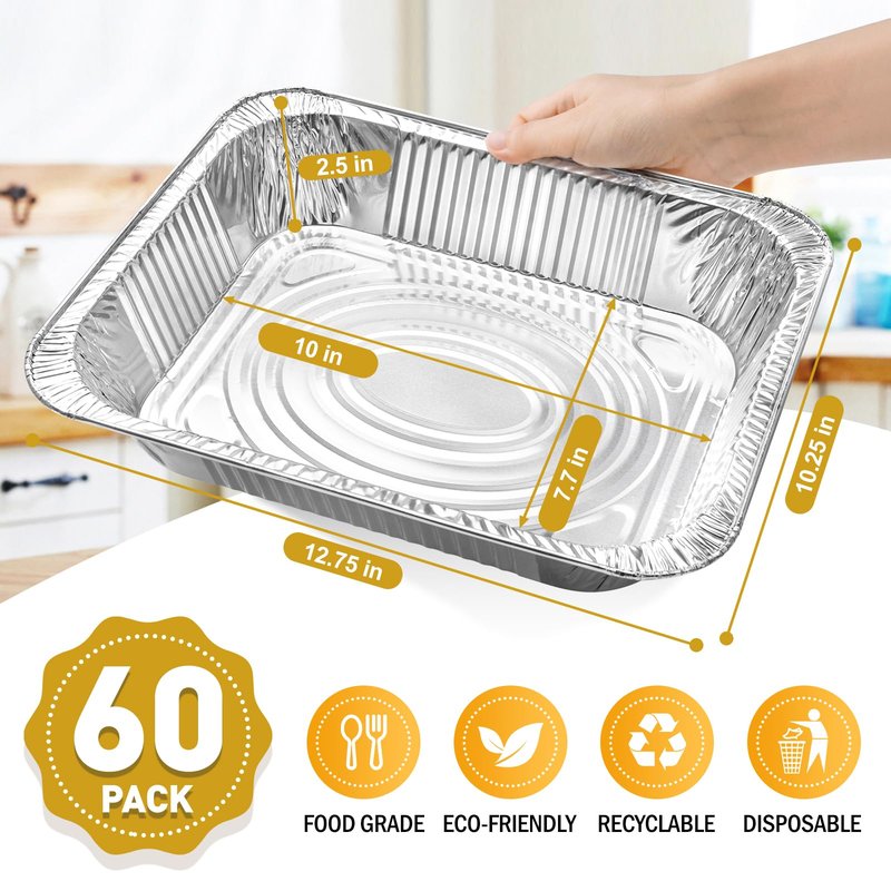 VISCOO 60 Pack Aluminum Pans - 9x13 Inch Disposable Foil Pans Baking Aluminum Trays, Food Grade Heavy Duty Tin Foil Pans for Baking, Roasting, Cooking, Meal Prep and Freezer, Steam Tables